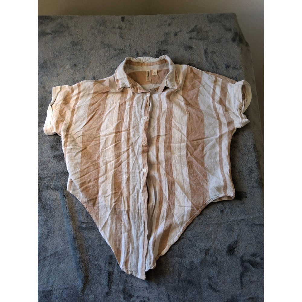 Young Hearts Run Free Womens Mocha Brown Striped Linen Blend Tie Front Shirt L